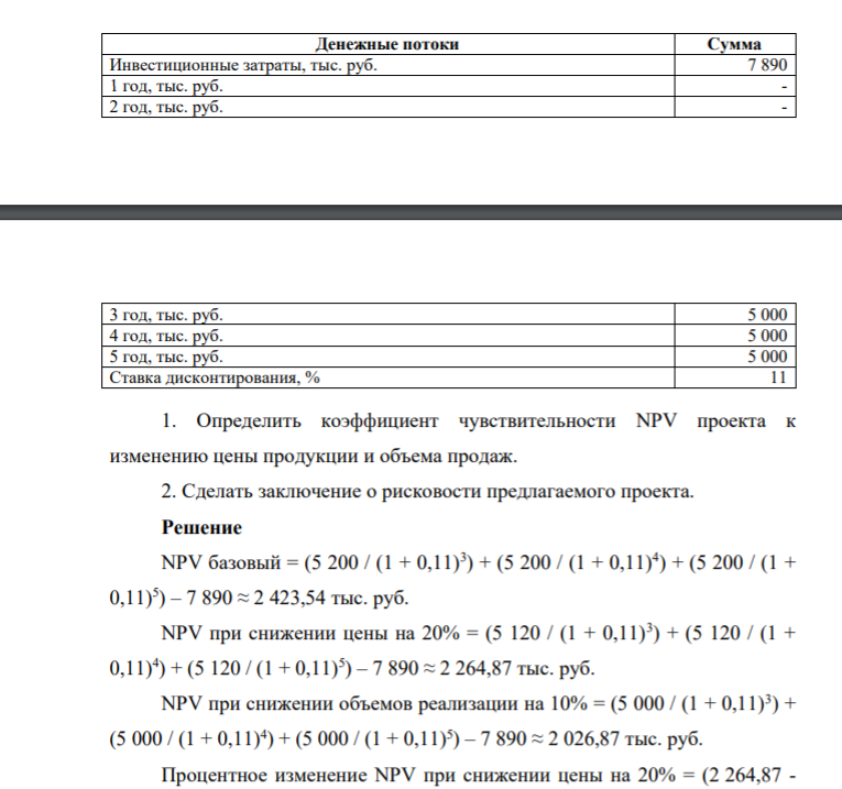 Инвестор с целью инвестирования рассматривает инвестиционный проект, который характеризуется следующими данными, представленными ниже: Денежные потоки Сумма Инвестиционные затраты, тыс. руб. 7 890 1 год, тыс. руб. - 2 год, тыс. руб. - 3 год, тыс. руб. 5 200 4 год, тыс. руб.