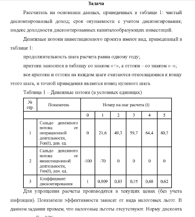 Рассчитать на основании данных, приведенных в таблице 1: чистый дисконтированный доход; срок окупаемости с учетом дисконтирования; индекс доходности дисконтированных капиталообразующих инвестиций.