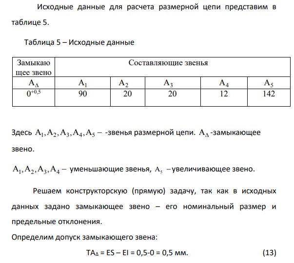 Исходные данные для расчета размерной цепи представим в таблице 5. Таблица 5 – Исходные данные Замыкаю щее звено Составляющие звенья A A1 А2 A3 A4 A5 0 +0,5 90 20 20 12 142