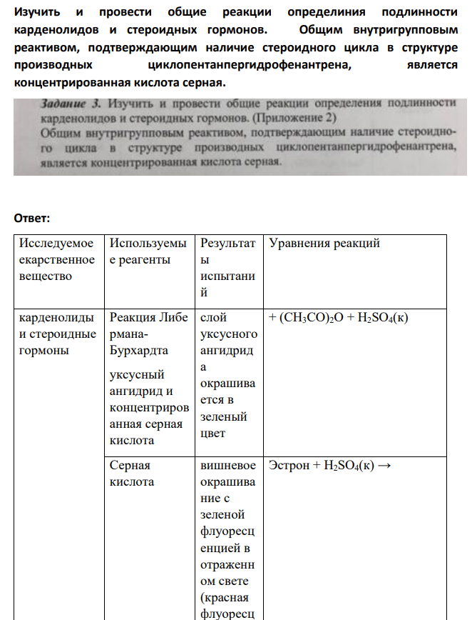 Изучить и провести общие реакции определиния подлинности карденолидов и стероидных гормонов. Общим внутригрупповым реактивом, подтверждающим наличие