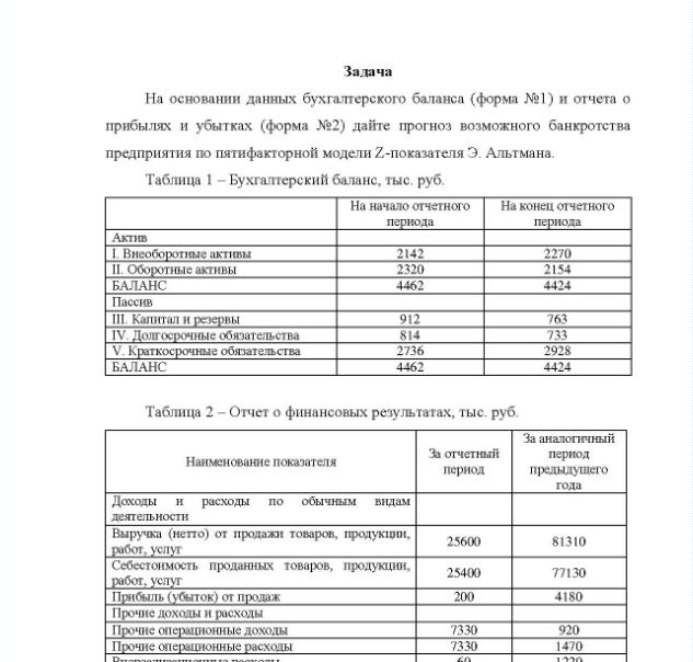 Задача На основании данных бухгалтерского баланса (форма №1) и отчета о прибылях и убытках (форма №2) дайте прогноз возможного банкротства предприятия по пятифакторной модели Z-показателя Э. Альтмана. Таблица 1 - Бухгалтерский баланс, тыс. руб