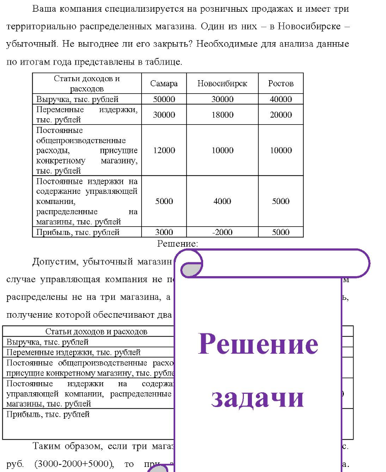 Ваша компания специализируется на розничных продажах и имеет три территориально распределенных магазина. Один из них - в Новосибирске убыточный. Не выгоднее ли его закрыть? Необходимые для анализа данные по итогам