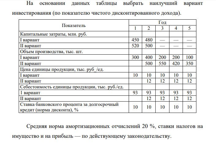 На основании данных таблицы выбрать наилучший вариант инвестирования (по показателю чистого дисконтированного дохода). Показатель Год 1 2 3 4 5 Капитальные затраты, млн. руб. I вариант 450 480 — — — II вариант 520 500 — — —