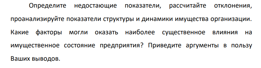 Определите недостающие показатели, рассчитайте отклонения, проанализируйте показатели структуры и динамики имущества организации. Какие факторы могли оказать наиболее существенное влияния на имущественное состояние предприятия?