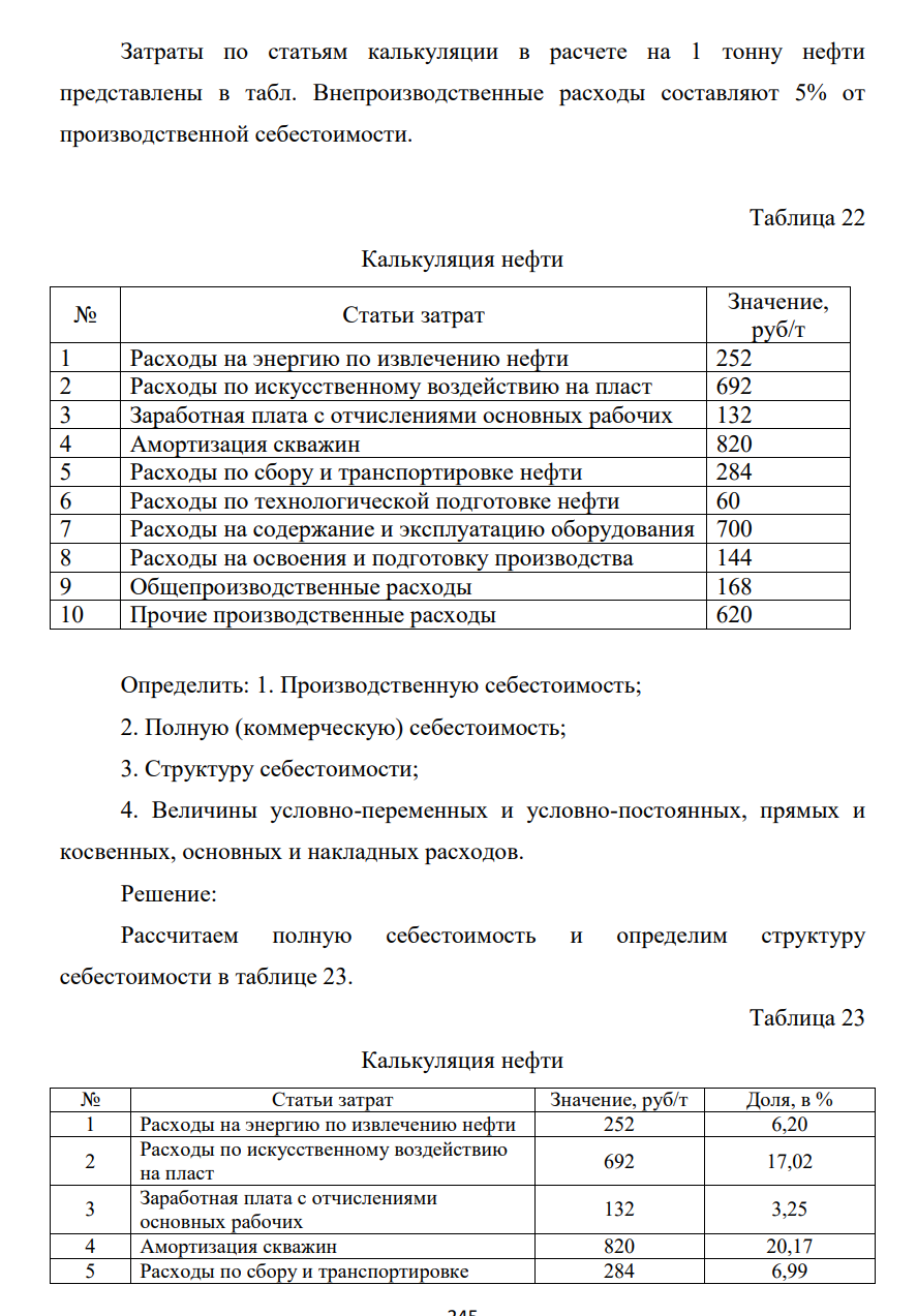 Затраты по статьям калькуляции в расчете на 1 тонну нефти представлены в табл. Внепроизводственные расходы составляют 5% от производственной себестоимости. Таблица 22