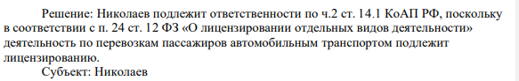 3. Николаев без специального разрешения (лицензии) два года занимался предпринимательской – автотранспортной – деятельностью по перевозке пассажиров и грузов. Свои незаконные действия Николаев объяснил нежеланием платить государственную пошлину, положенную при регистрации и налоги, подлежащие взысканию с предпринимателей.