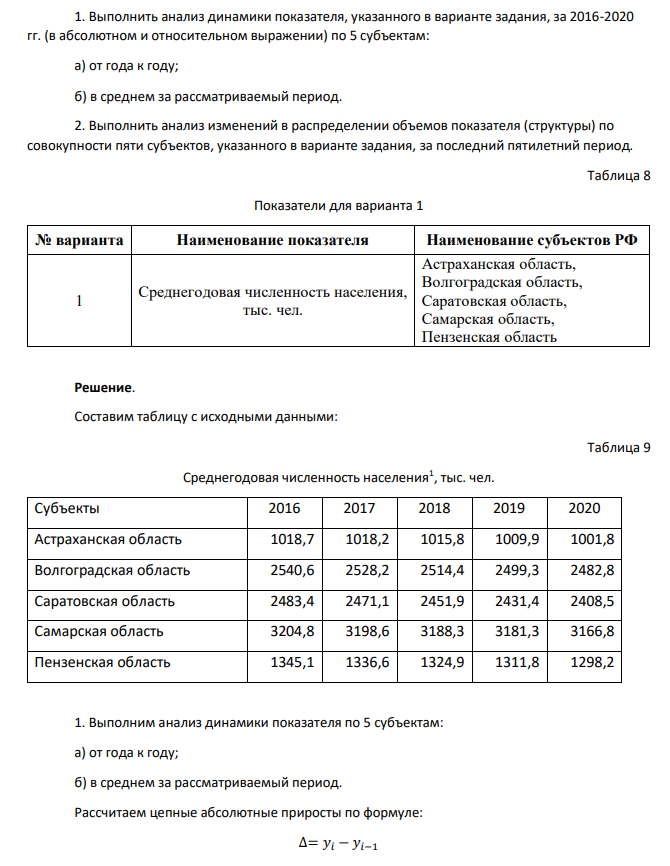 Выполнить анализ динамики показателя, указанного в варианте задания, за 2016-2020 гг. (в абсолютном и относительном выражении) по 5 субъектам: а) от года к году; б) в среднем за рассматриваемый период