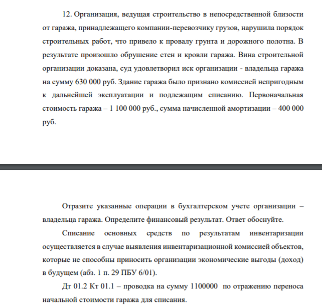 Организация, ведущая строительство в непосредственной близости от гаража, принадлежащего компании-перевозчику грузов, нарушила порядок строительных работ, что привело к провалу грунта и дорожного полотна. В результате произошло обрушение стен и кровли гаража.