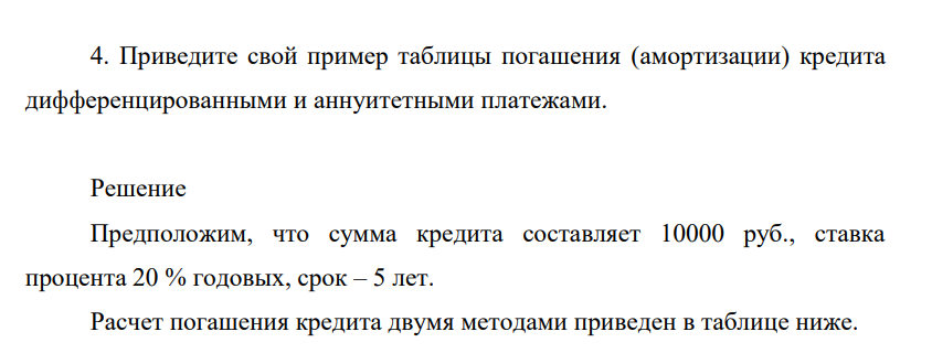 Приведите свой пример таблицы погашения (амортизации) кредита дифференцированными и аннуитетными платежами.