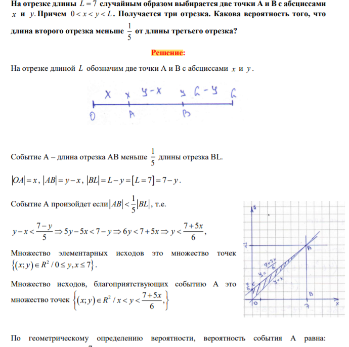 На отрезке длины L  7 случайным образом выбирается две точки А и В с абсциссами x и y. Причем 0    x y L . Получается три отрезка. Какова вероятность того, что длина второго отрезка меньше 1 5 от длины третьего отрезка?