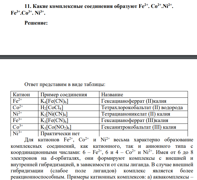 Какие комплексные соединения образуют Fe2+ . Co2+.Ni2+ . Fe3+.Co3+. Ni3+