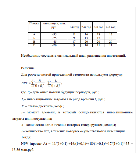 Фирма планирует инвестировать в основные фонды 60 млн. руб. Цена источников финансирования составляет 10%. Рассматриваются четыре альтернативных инвестиционных проекта со следующими потоками платежей. Первоначальные Денежные поступления, млн. руб.