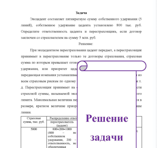 Задача Эксцедент составляет пятикратную сумму собственного удержания (5 линий), собственное удержание цедента установлено 800 тыс. руб. Определите ответственность цедента и перестраховщика, если договор заключен со страхователем на сумму 5 млн. руб.