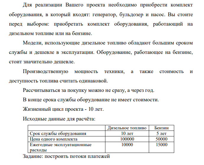 Для реализации Вашего проекта необходимо приобрести комплект оборудования, в который входят: генератор, бульдозер и насос. Вы стоите перед выбором: приобретать комплект оборудования, работающий на дизельном топливе или на бензине. Модели, использующие дизельное топливо обладают большим сроком службы и дешевле в эксплуатации.