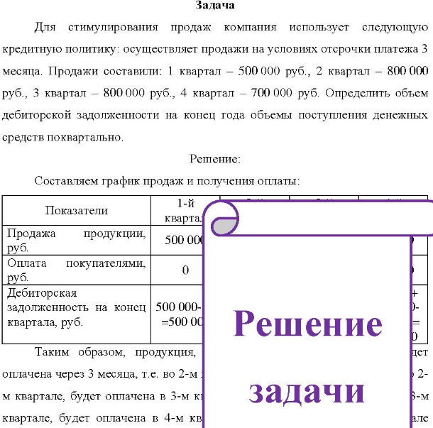 Для стимулирования продаж компания использует следующую кредитную политику: осуществляет продажи на условиях отсрочки платежа 3 месяца. Продажи составили: 1 квартал - 500 000 руб., 2 квартал - 800 000 руб. , 3 квартал - 800 000 руб. , 4 квартал - 700 000 руб.
