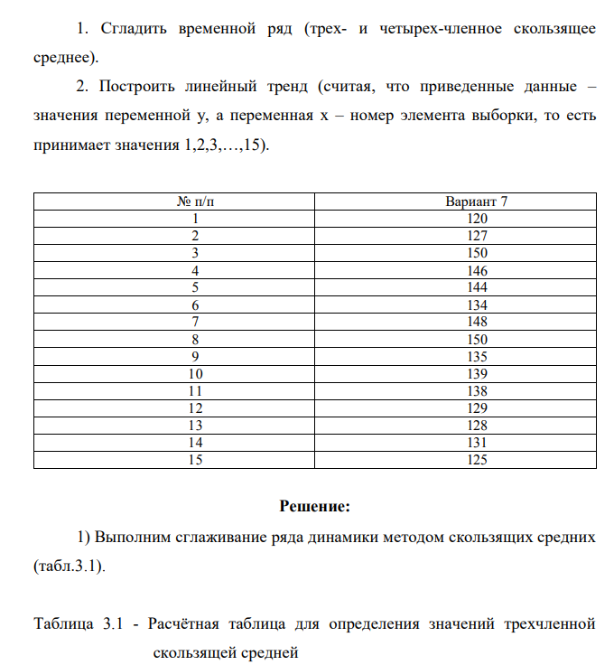 1. Сгладить временной ряд (трех- и четырех-членное скользящее среднее). 2. Построить линейный тренд (считая, что приведенные данные – значения переменной y, а переменная х – номер элемента выборки, то есть принимает значения 1,2,3,…,15).