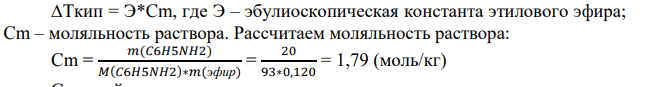 Раствор, состоящий из 120 г этилового эфира и 20 г анилина C6H3NH2, кипит при 39,04 °C. Вычислите эбулиоскопическую константу этилового эфира.