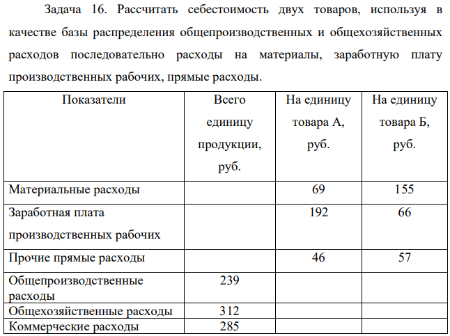 Рассчитать себестоимость двух товаров, используя в качестве базы распределения общепроизводственных и общехозяйственных расходов последовательно расходы на материалы, заработную плату производственных рабочих, прямые расходы. Показатели
