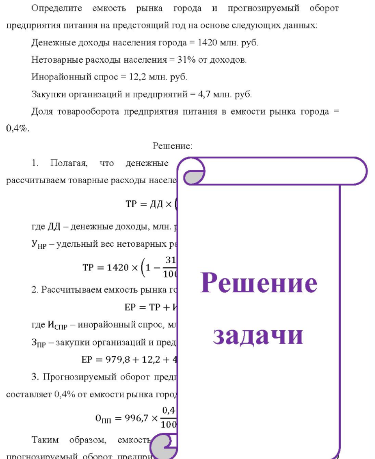 Определите емкость рынка города и прогнозируемый оборот предприятия питания на предстоящий год на основе следующих данных: Денежные доходы населения города = 1420 млн. руб. Нетоварные расходы населения = 31% от