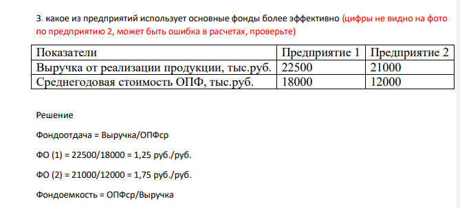 Какое из предприятий использует основные фонды более эффективно (цифры не видно на фото по предприятию 2, может быть ошибка в расчетах, проверьте) Показатели Предприятие 1 Предприятие 2 Выручка от реализации продукции, тыс.руб. 22500 21000 Среднегодовая стоимость ОПФ, тыс.руб. 18000 12000