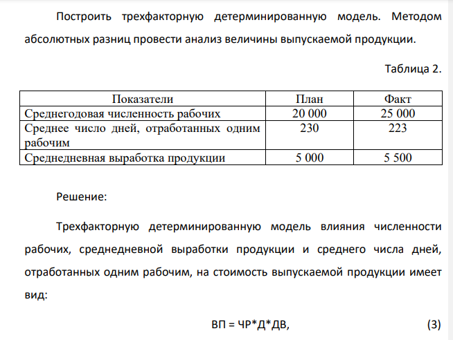 Построить трехфакторную детерминированную модель. Методом абсолютных разниц провести анализ величины выпускаемой продукции. Таблица 2. Показатели План Факт Среднегодовая численность рабочих 20 000 25 000 Среднее число дней, отработанных одним рабочим 230 223 Среднедневная выработка продукции 5 000 5 500