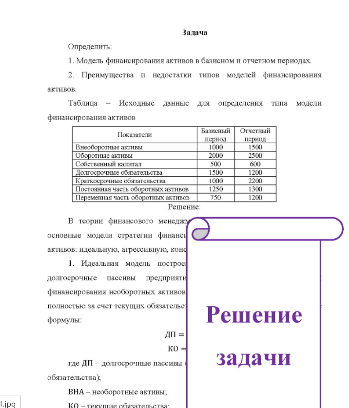 Задача Определить; 1. Модель финансирования активов в базисном и отчетном периодах. 2. Преимущества и недостатки типов моделей финансирования активов. Таблица - Исходные данные для определения типа модели финансирования активов