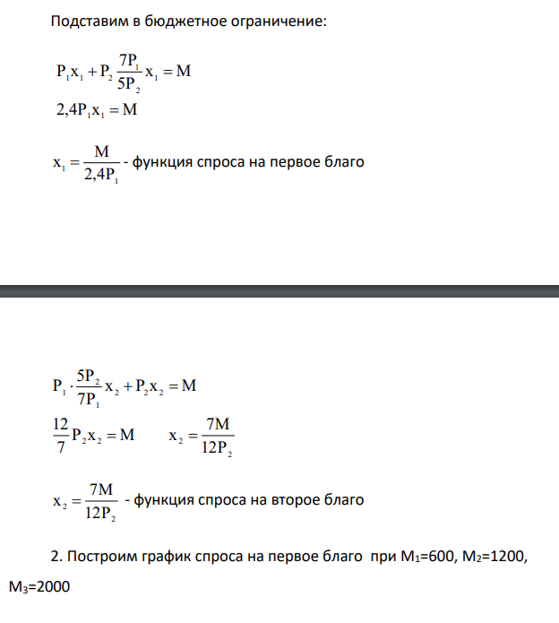 Предпочтения некоторого потребителя описываются функцией полезности U(x1,x2 ), где x1 – количество первого блага в потребительском наборе, x2 – количество второго блага в этом же наборе. Цена первого блага равна p1 денежных единиц, цена второго блага равна p2 денежных единиц, доход потребителя составляет M денежных единиц. U = 4x1 0.5 ∙x2 0.7 Р1 = 4; P2 = 3; M = 600.