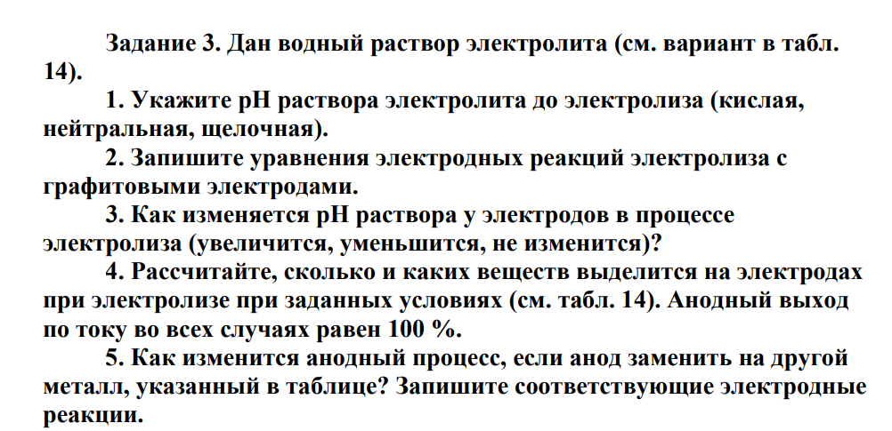 1. Укажите рН раствора электролита до электролиза (кислая, нейтральная, щелочная). 2. Запишите уравнения электродных реакций электролиза с графитовыми электродами.