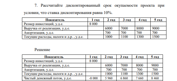 Рассчитайте дисконтированный срок окупаемости проекта при условии, что ставка дисконтирования равна 10%. Показатель 1 год 2 год 3 год 4 год 5 год Размер инвестиций, у.д.е. 8 000 Выручка от реализации, у.д.е. 6000 7000 8000 9000 Амортизация, у.д.е. 700 700 700 700 Текущие расходы, налоги и д.р. , у.д.е. 1000 1100 1300 1500