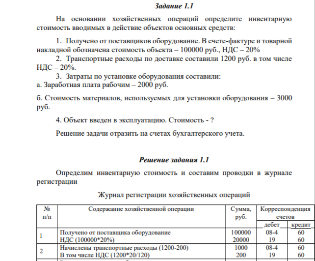 Задание 1.1 На основании хозяйственных операций определите инвентарную стоимость вводимых в действие объектов основных средств: 1. Получено от поставщиков оборудование. В счете-фактуре и товарной накладной обозначена стоимость объекта – 100000 руб., НДС – 20%