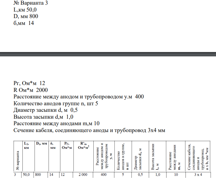 № Варианта 3 L,км 50,0 D, мм 800 б,мм 14 Pг, Ом*м 12 R Ом*м 2000 Расстояние между анодом и трубопроводом у.м 400 Количество анодов группе n, шт 5 Диаметр засыпки d, м 0,5 Высота засыпки d,м 1,0 Расстояние между анодами m,м 10 Сечение кабеля, соединяющего аноды и трубопровод 3x4 мм
