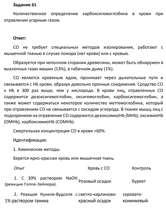Количественное определение карбоксигемоглобина в крови при отравлении угарным газом.