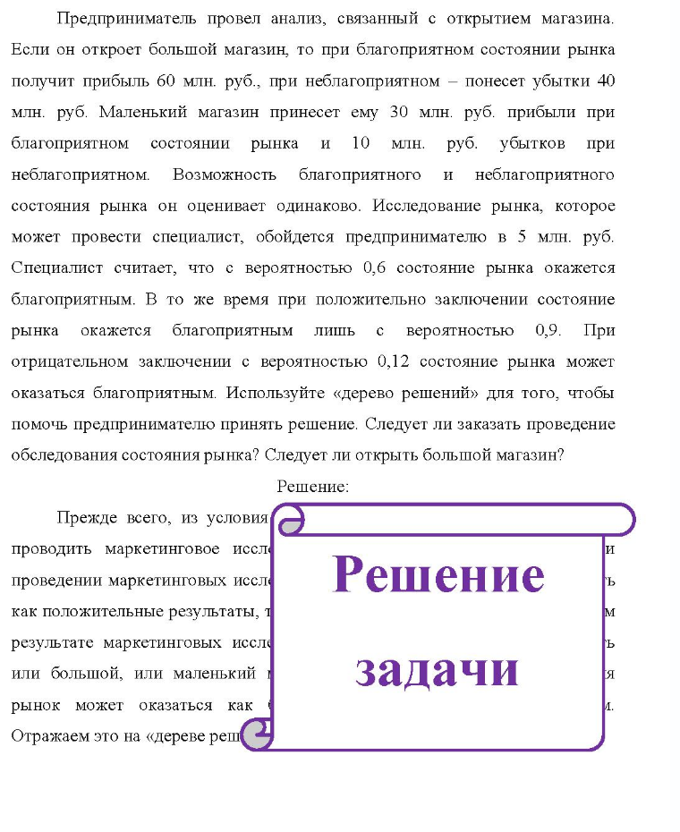 Предприниматель провел анализ, связанный с открытием магазина. Если он откроет большой магазин, то при благоприятном состоянии рынка получит прибыль 60 млн. руб., при неблагоприятном - понесет убытки 40 млн. руб. Маленький магазин