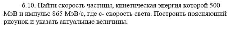 Найти скорость частицы, кинетическая энергия которой 500 МэВ и импульс 865 МэВ/с, где с- скорость света. Построить поясняющий рисунок и указать актуальные величины.