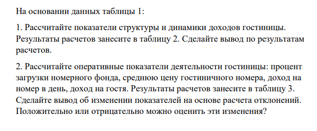 На основании данных таблицы 1: 1. Рассчитайте показатели структуры и динамики доходов гостиницы.
