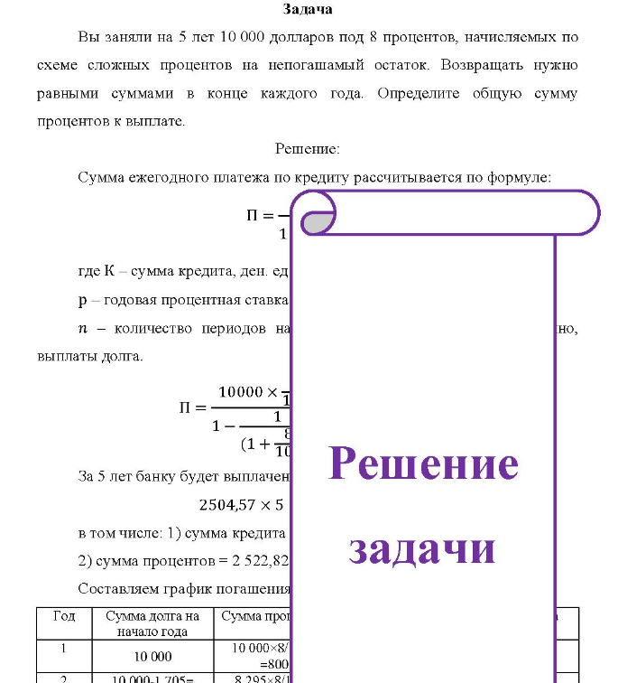 Вы заняли на 5 лет 10 000 долларов под 8 процентов, начисляемых по схеме сложных процентов на непогашамый остаток. Возвращать нужно равными суммами в конце каждого года.