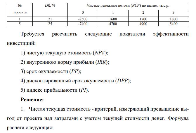 Необходимо рассчитать показатели эффективности для двух инвестиционных проектов, соответствующих номеру варианта и определить, какой из рассмотренных инвестиционных проектов является наиболее эффективным. Показатели инвестиционных проектов в таблице.