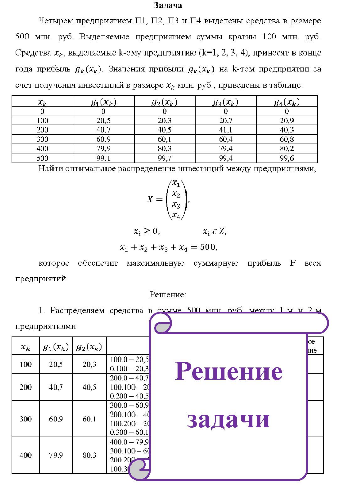 Задача Четырем предприятием П1, П2, ПЗ и П4 выделены средства в размере 500 млн. руб. Выделяемые предприятием суммы кратны 100 млн. руб. Средства хк, выделяемые k-ому предприятию (k=1, 2, 3, 4), приносят в конце года прибыль дк(хк).