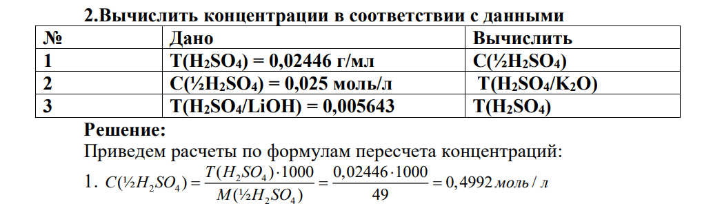 Вычислить концентрации в соответствии с данными № Дано Вычислить 1 T(H2SO4) = 0,02446 г/мл С(½H2SO4) 2 С(½H2SO4) = 0,025 моль/л Т(H2SO4/K2O) 3 T(H2SO4/LiOH) = 0,005643 T(H2SO4)
