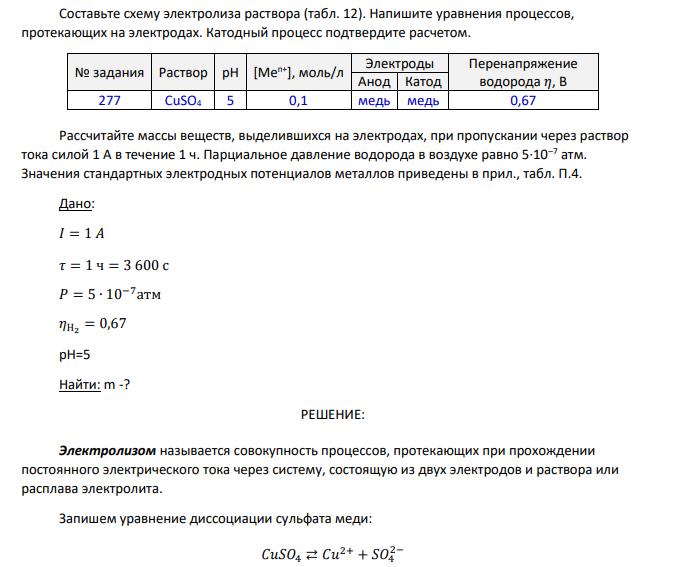Составьте схему электролиза раствора (табл. 12). Напишите уравнения процессов, протекающих на электродах. Катодный процесс подтвердите расчетом. № задания Раствор рН [Men+], моль/л Электроды Перенапряжение Анод Катод водорода 𝜂, В 277 CuSO4 5 0,1 медь медь 0,67 Рассчитайте массы веществ, выделившихся на электродах, при пропускании через раствор тока силой 1 А в течение 1 ч.