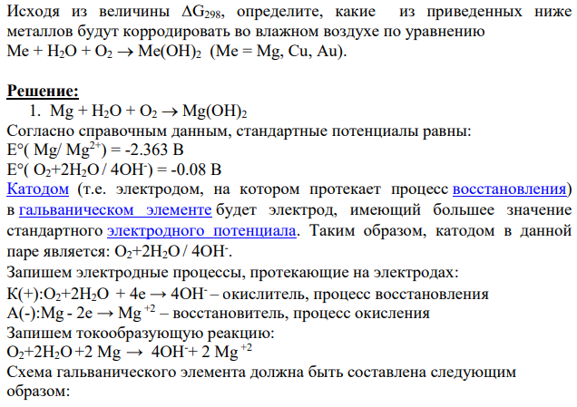 Исходя из величины G298, определите, какие из приведенных ниже металлов будут корродировать во влажном воздухе по уравнению Ме + H2O + О2  Ме(ОН)2 (Ме = Mg, Cu, Au).