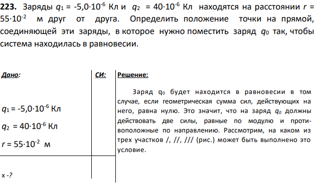 Заряды q1 = -5,0∙10-6 Кл и q2 = 40∙10-6 Кл находятся на расстоянии r = 55∙10-2 м друг от друга. Определить положение точки на прямой, соединяющей эти заряды, в которое нужно поместить заряд q0 так, чтобы система находилась в равновесии.