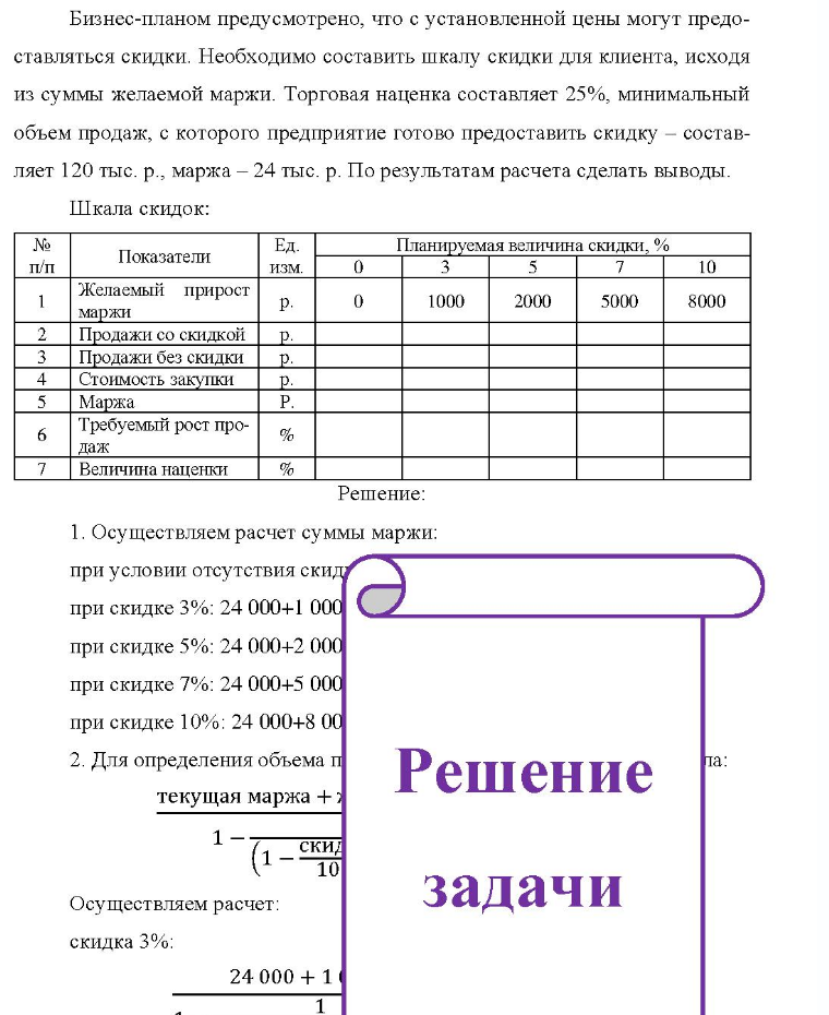 Бизнес-планом предусмотрено, что с установленной цены могут предо- ставляться скидки. Необходимо составить шкалу скидки для клиента, исходя из суммы желаемой маржи. Торговая наценка составляет 25%, минимальный объем продаж, с которого предприятие готово предоставить скидку