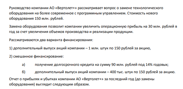 Руководство компании АО «Вертолет+» рассматривает вопрос о замене технологического оборудования на более современное с программным управлением. Стоимость нового оборудования 150 млн. рублей.