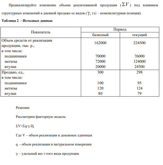 Проанализируйте изменение объема реализованной продукции ( V ) под влиянием структурных изменений в дневной продаже ее видов