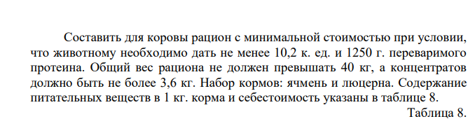 Составить для коровы рацион с минимальной стоимостью при условии, что животному необходимо дать не менее 10,2 к. ед. и 1250 г. переваримого протеина. Общий вес рациона не должен превышать 40 кг, а концентратов должно быть не более 3,6 кг. Набор кормов: ячмень и люцерна
