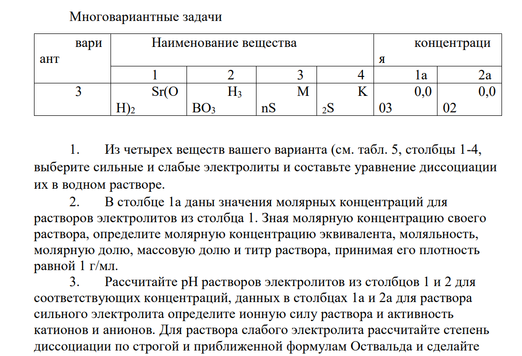 Многовариантные задачи вари ант Наименование вещества концентраци я 1 2 3 4 1а 2а 3 Sr(O H)2 H3 BO3 M nS K 2S 0,0 03 0,0 02 1. Из четырех веществ вашего варианта (см. табл. 5, столбцы 1-4, выберите сильные и слабые электролиты и составьте уравнение диссоциации их в водном растворе.