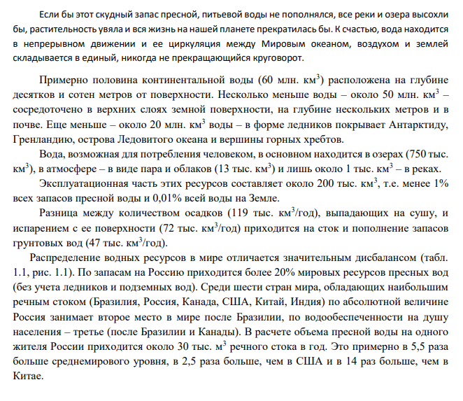 Каковы общие запасы и разведанные запасы пресной воды в мире? в России? Как распределяются эти запасы? В чем особенность обеспеченности России водными ресурсами?