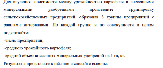 Для изучения зависимости между урожайностью картофеля и внесенными минеральными удобрениями произведите группировку сельскохозяйственных предприятий, образовав 3 группы предприятий с равными интервалами.