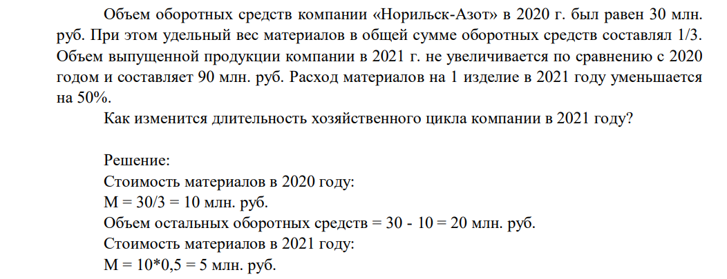 Объем оборотных средств компании «Норильск-Азот» в 2020 г. был равен 30 млн. руб. При этом удельный вес материалов в общей сумме оборотных средств составлял 1/3.